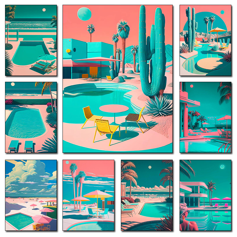 Resin Art Wall Decor - Retro Futurystyczny Plażowy Krajobraz z Palmami,