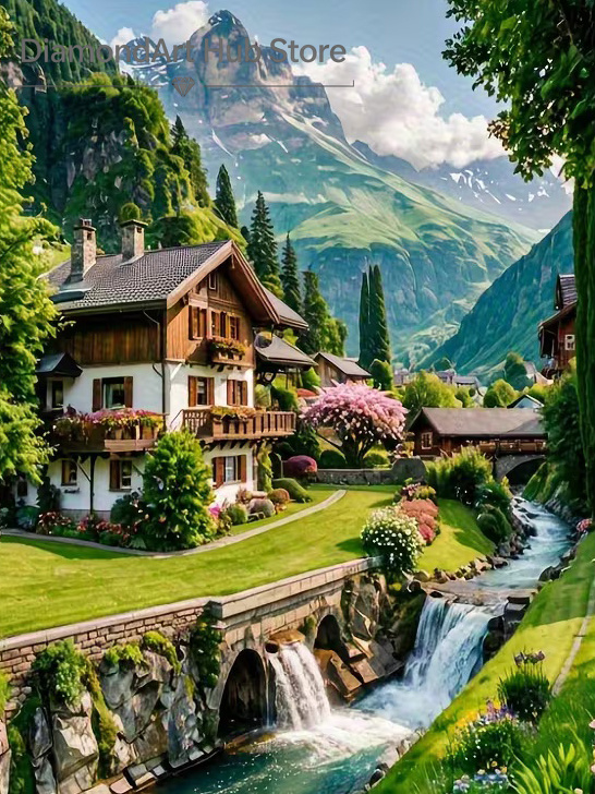 Resin Art Wall Decor - Alpejska Górna Wioska z Wodospadem –